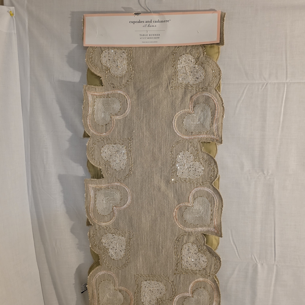 Cupcakes and Cashmere Heart Embellished Table Runner - Gold, Beige & Blush